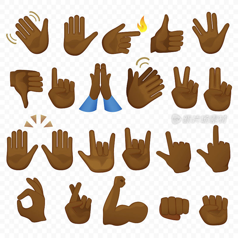 Set of african american or brazilian black hands icons and symbols. Emoji hand icons. Different cartoon gestures, hands, signals and signs set vector illustration.